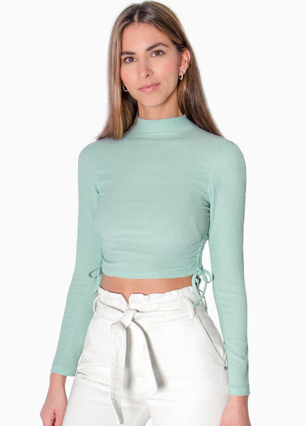 Crop top manga larga cuello alto con anudados en costados  para mujer - Flashy