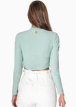 Crop top manga larga cuello alto con anudados en costados color verde para mujer - Flashy