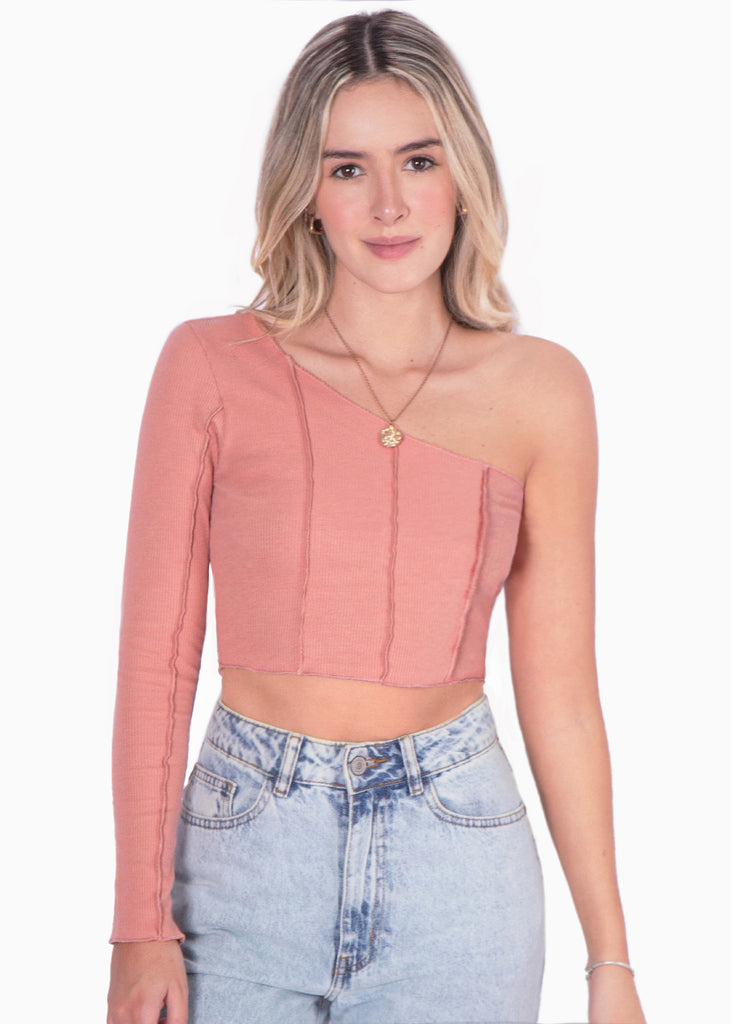 Crop top manga larga de un solo hombro color rosado para mujer - Flashy