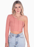 Crop top manga larga de un solo hombro color rosado para mujer - Flashy
