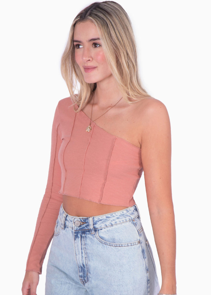 Crop top manga larga de un solo hombro color rosado para mujer - Flashy
