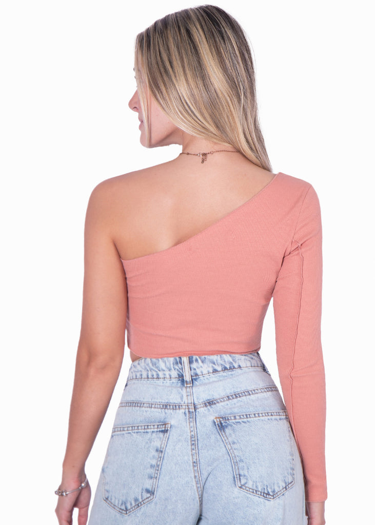 Crop top manga larga de un solo hombro color rosado para mujer - Flashy