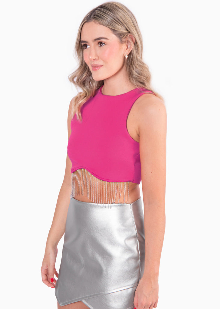 Crop top sin mangas con apliques de piedras brillantes color fucsia para mujer - Flashy