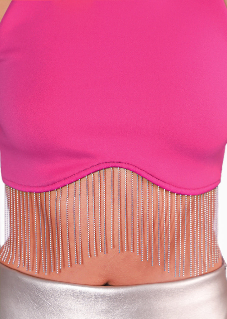 Crop top sin mangas con apliques de piedras brillantes color fucsia para mujer - Flashy
