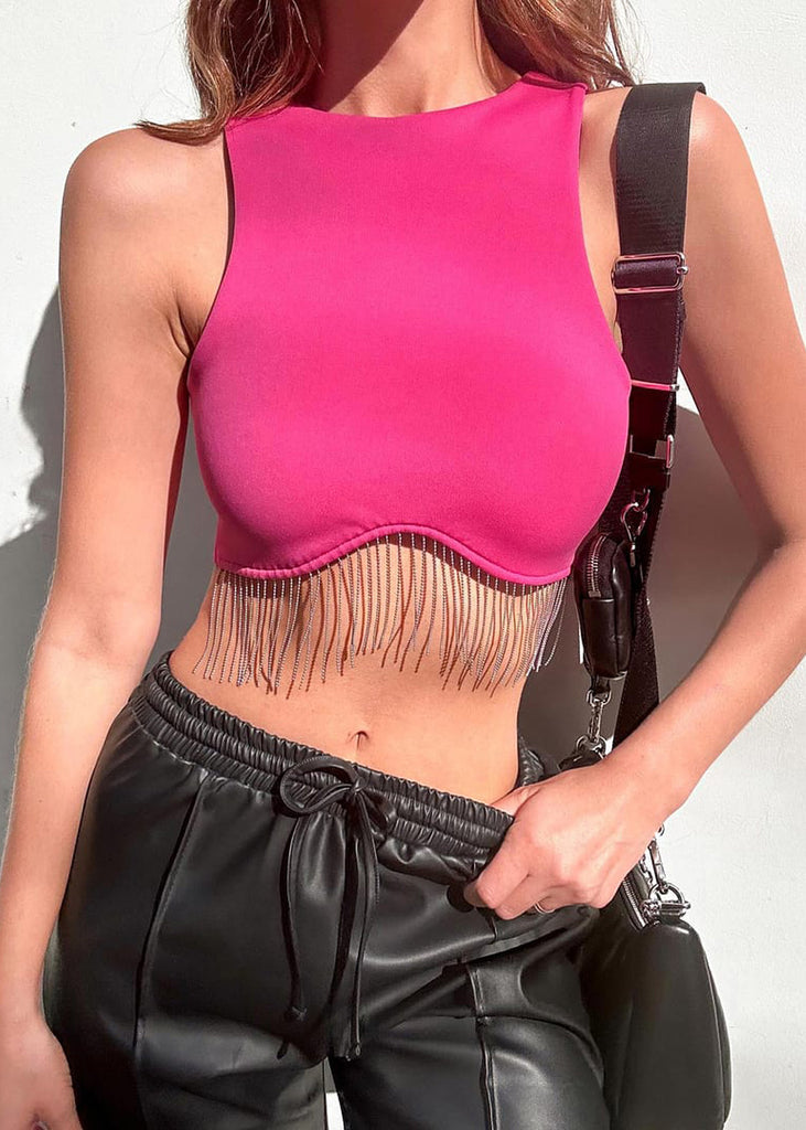 Crop top sin mangas con apliques de piedras brillantes color fucsia para mujer - Flashy