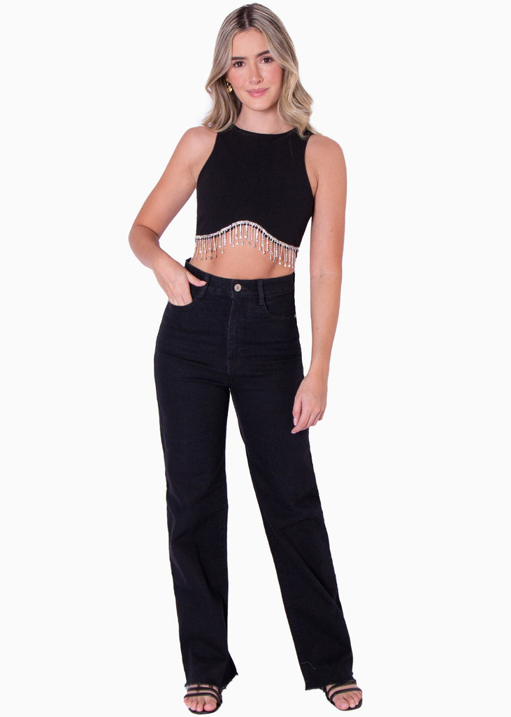 Crop top sin mangas con apliques de piedras brillantes  para mujer - Flashy