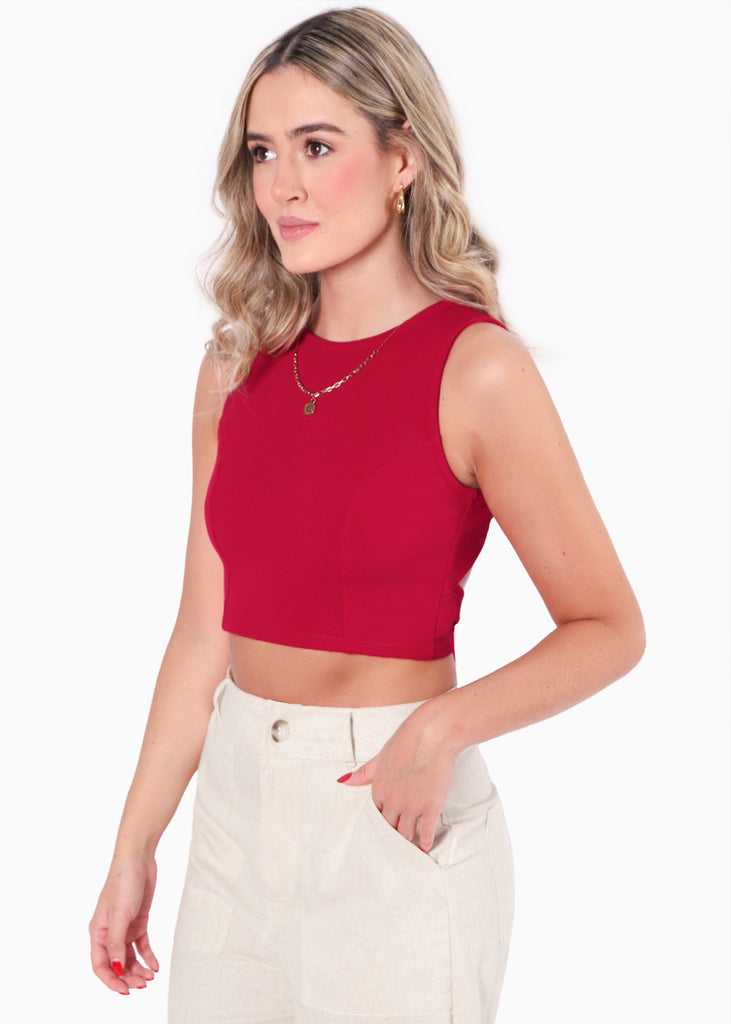 Crop top sin mangas con espalda descubierta color rojo para mujer - Flashy