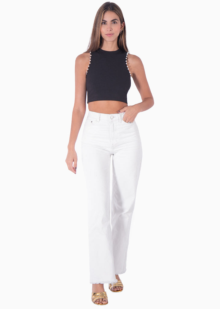 Crop top sin mangas con perlas color negro para mujer - Flashy