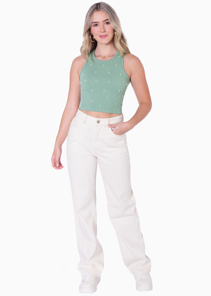 Crop top sin mangas con perlas color verde para mujer - Flashy