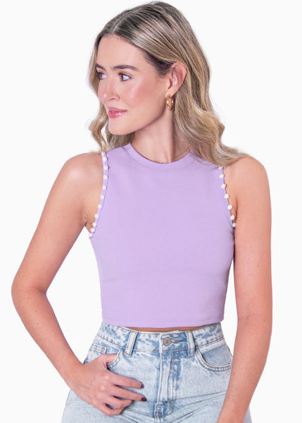 Crop top sin mangas con perlas color lila, morado para mujer - Flashy