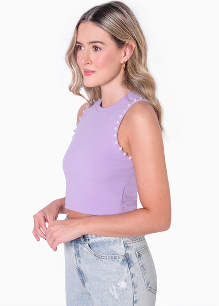 Crop top sin mangas con perlas color lila, morado para mujer - Flashy