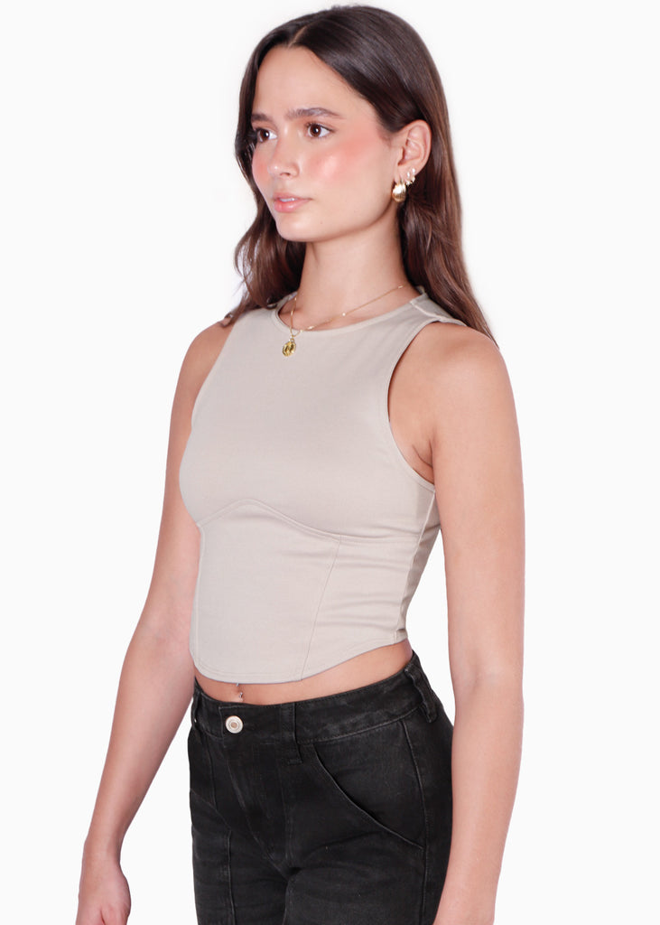 Crop top sin mangas tipo corset color beige para mujer - Flashy