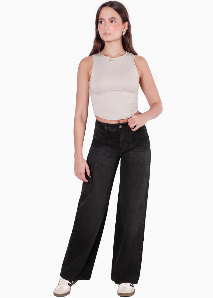 Crop top sin mangas tipo corset color beige para mujer - Flashy