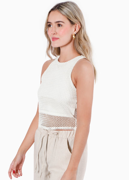 Crop top sin mangas y de malla color blanco para mujer - Flashy
