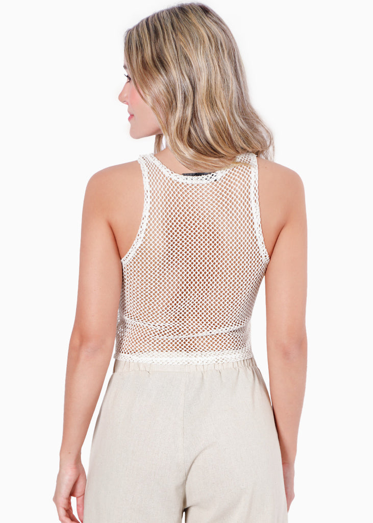 Crop top sin mangas y de malla color blanco para mujer - Flashy