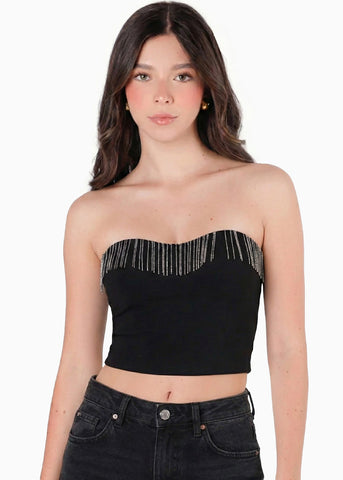 Crop top strapless con aplique de cadenas en escote color negro para mujer - Flashy