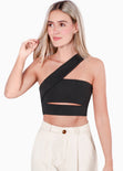 Crop top strapless con cut out y cargadera en diagonal color negro para mujer - Flashy