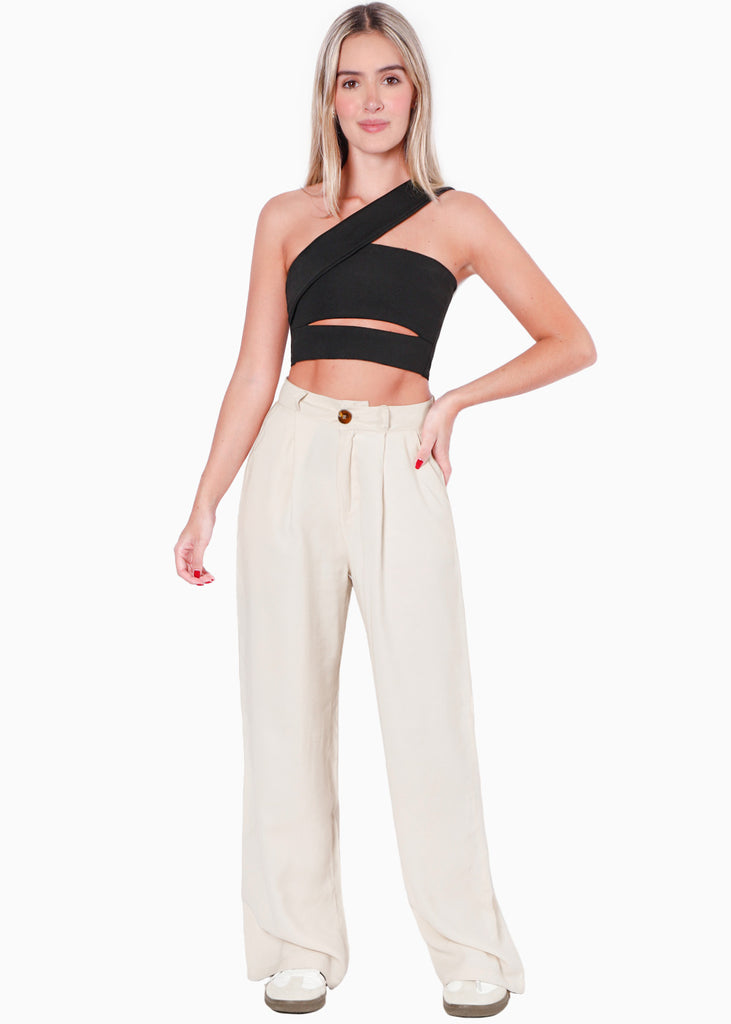 Crop top strapless con cut out y cargadera en diagonal color negro para mujer - Flashy