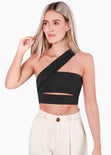 Crop top strapless con cut out y cargadera en diagonal color negro para mujer - Flashy