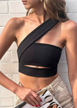 Crop top strapless con cut out y cargadera en diagonal color negro para mujer - Flashy