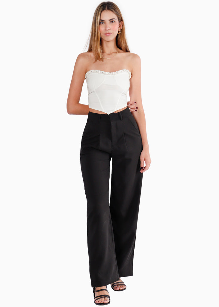 Crop top strapless tipo corset con aplique de ojalillo en escote color blanco, marfil para mujer - Flashy