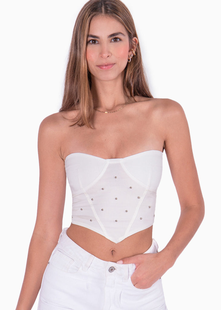 Crop top strapless tipo corset con perlas plateadas  para mujer - Flashy
