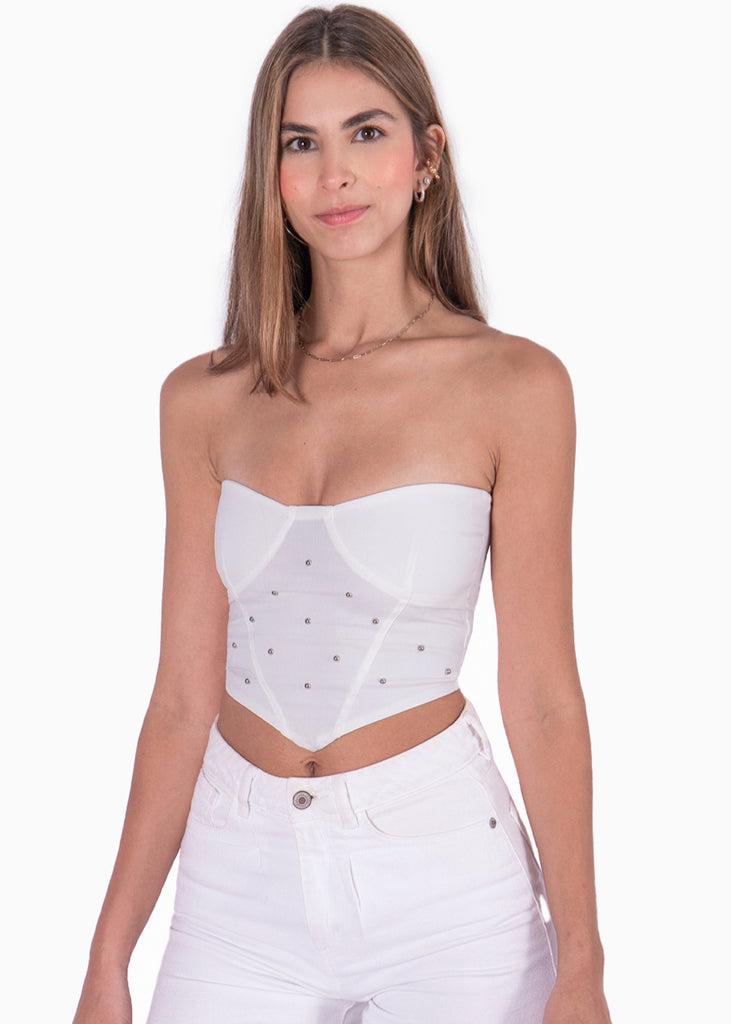 Crop top strapless tipo corset con perlas plateadas  para mujer - Flashy