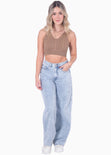 Crop top tejido de tiras con escote en v color café para mujer - Flashy