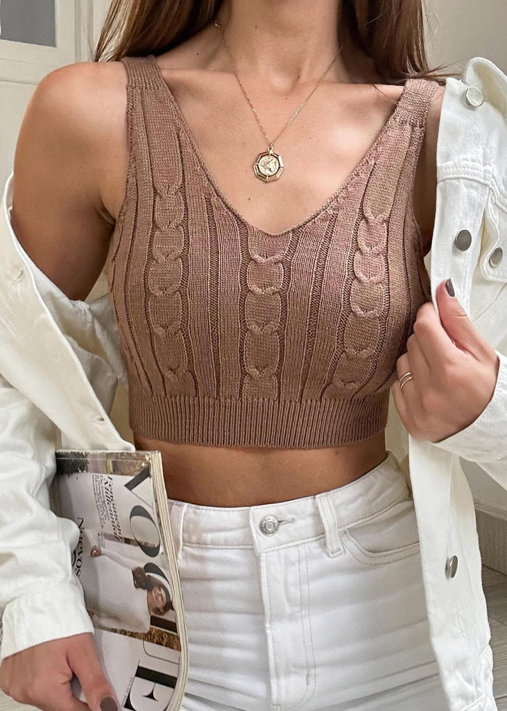 Crop top tejido de tiras con escote en v color café para mujer - Flashy