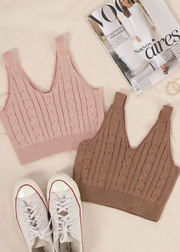 Crop top tejido de tiras con escote en v color café para mujer - Flashy