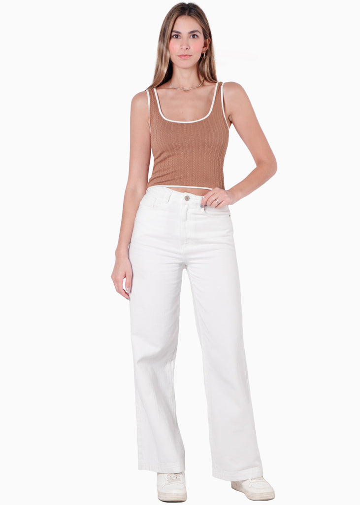 Crop top tejido de tiras con sesgos en contraste color café para mujer - Flashy