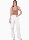Crop top tejido de tiras con sesgos en contraste color café para mujer - Flashy