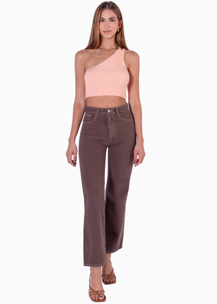 Crop top tejido de un solo hombro color rosado para mujer - Flashy