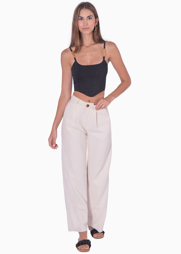 Crop top tipo corset de tiras con cadena color negro para mujer - Flashy