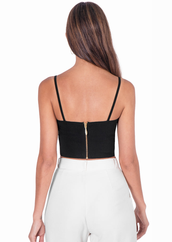 Crop top tipo corset de tiras con cadena color negro para mujer - Flashy