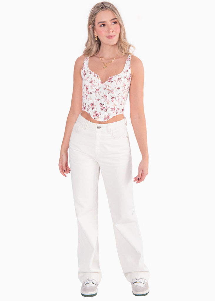 Crop top tipo corset de tiras con estampado de flores color blanco, marfil para mujer - Flashy