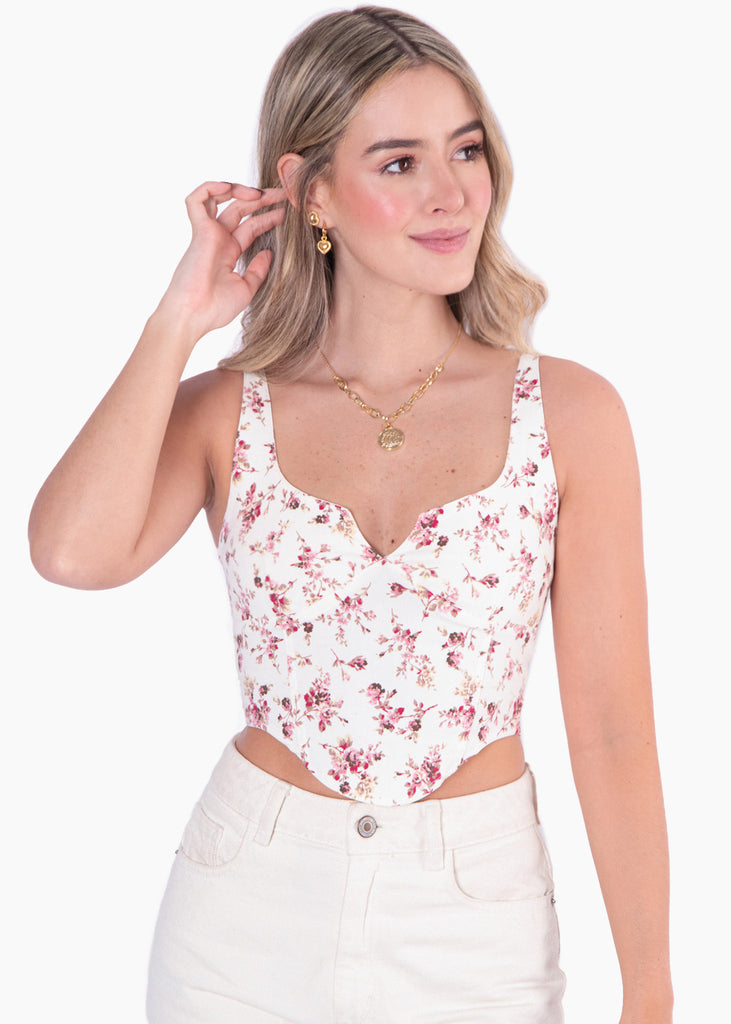 Crop top tipo corset de tiras con estampado de flores color blanco, marfil para mujer - Flashy