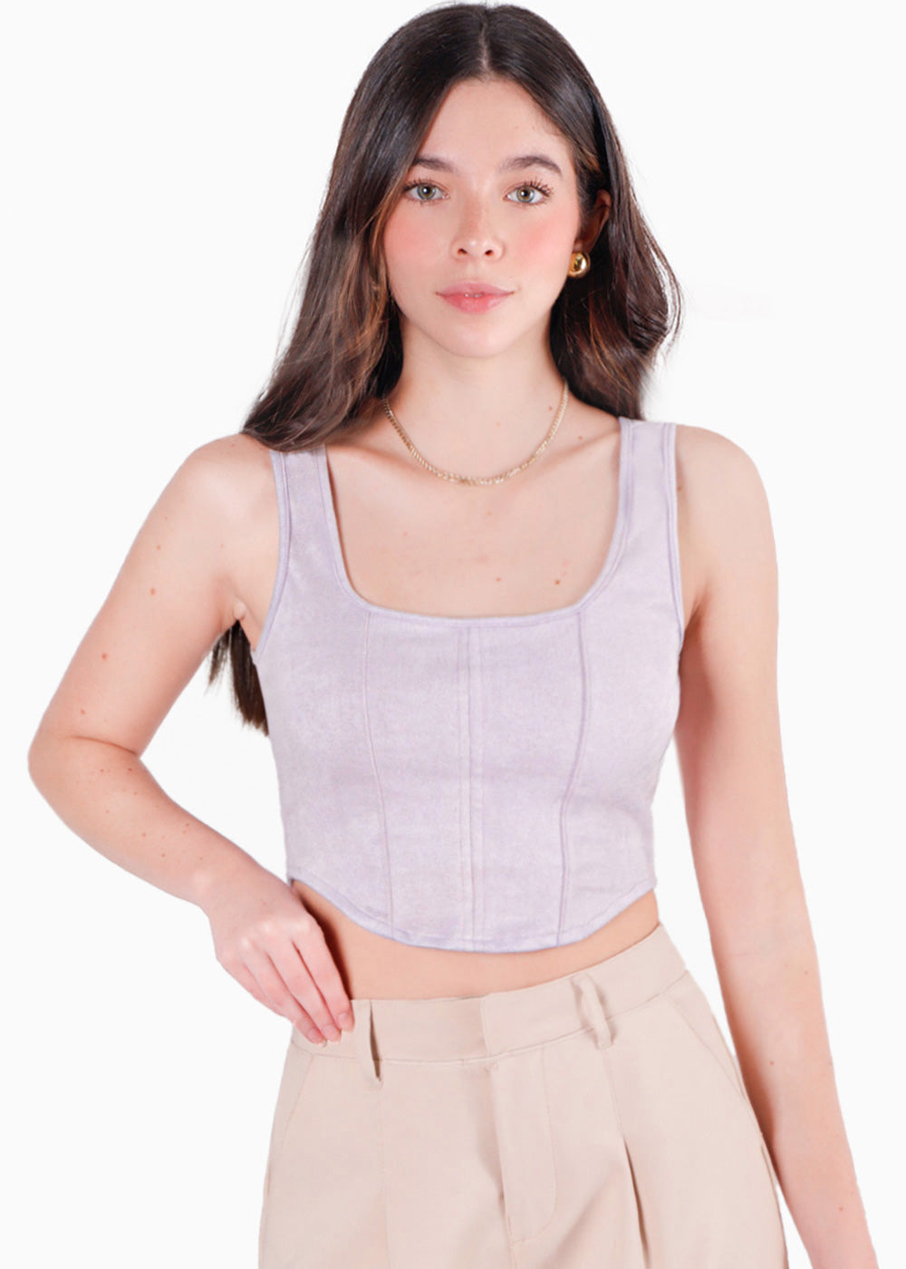 Crop Top Tipo Corset de Tiras y Tipo Gamuza Lila en Flashy