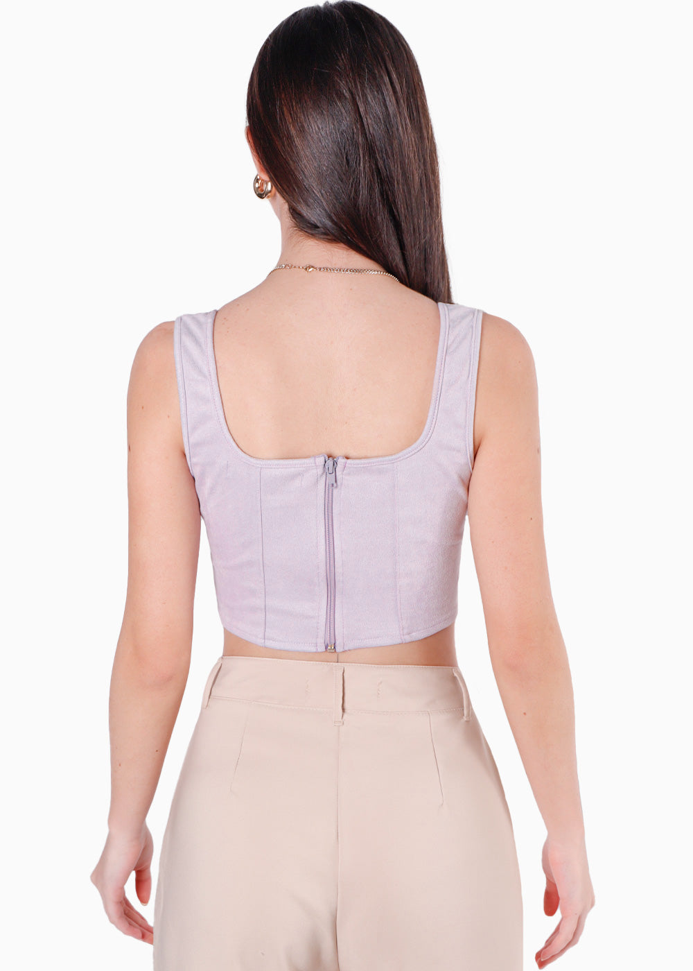 Crop Top Tipo Corset de Tiras y Tipo Gamuza Lila en Flashy