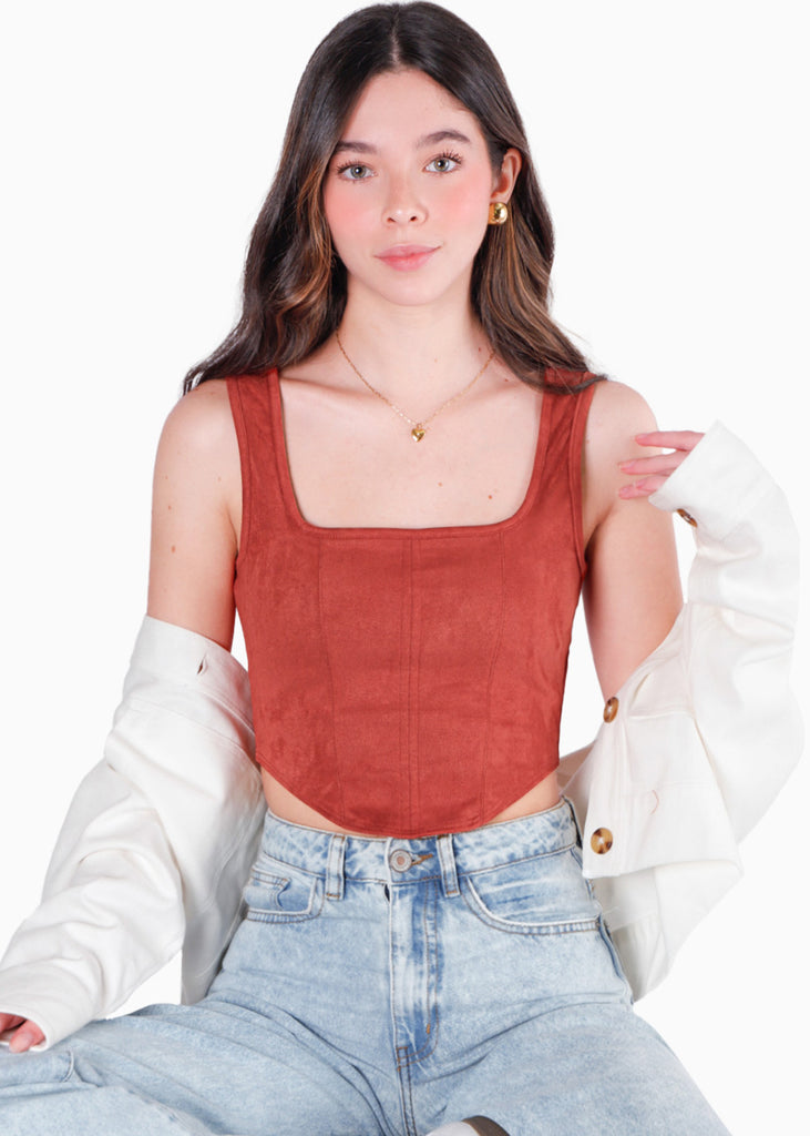 Crop top tipo corset de tiras y tipo gamuza color terracota para mujer - Flashy