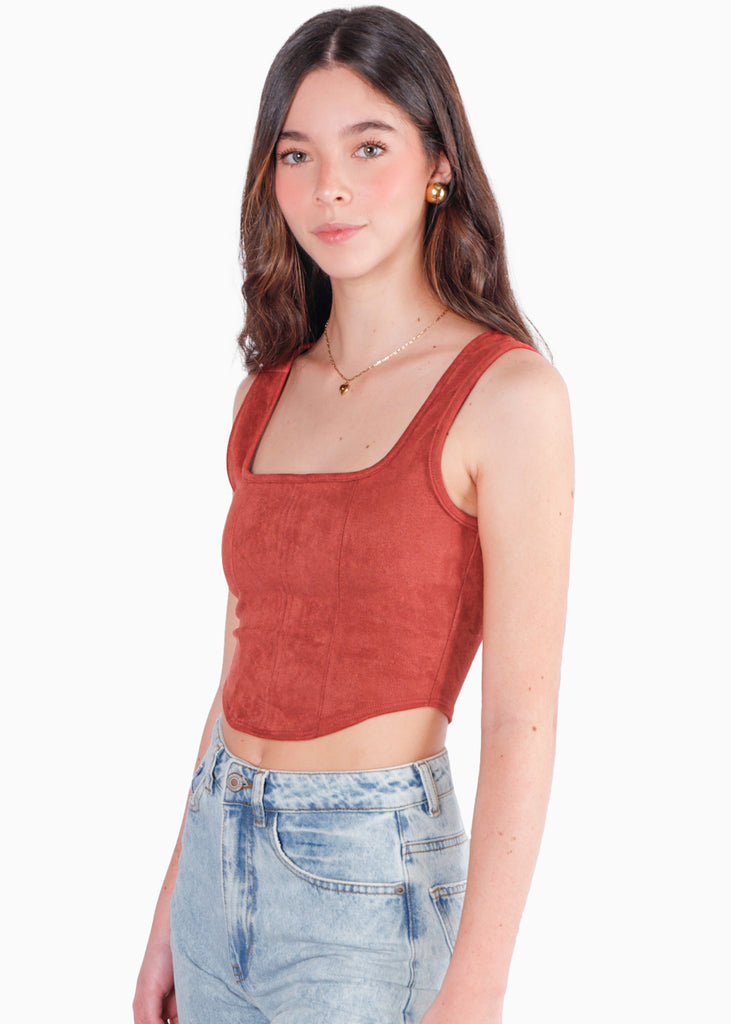 Crop top tipo corset de tiras y tipo gamuza color terracota para mujer - Flashy