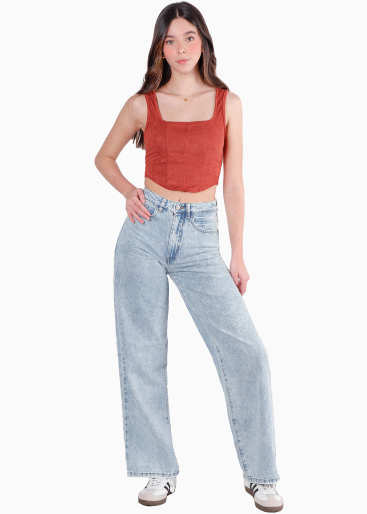Crop top tipo corset de tiras y tipo gamuza color terracota para mujer - Flashy