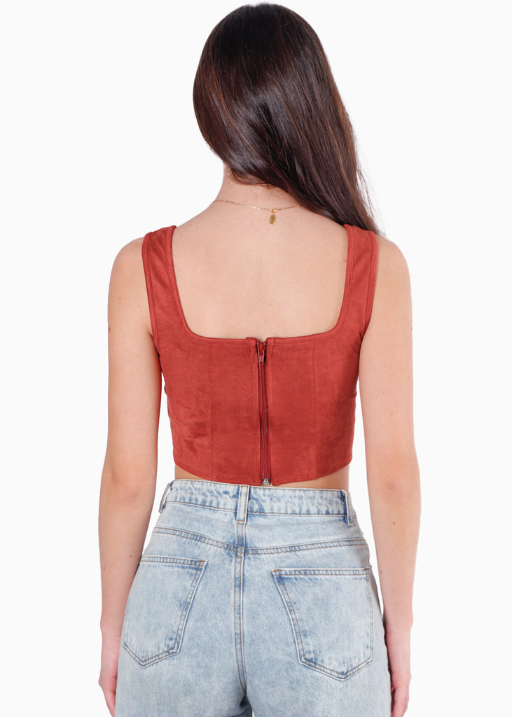 Crop top tipo corset de tiras y tipo gamuza color terracota para mujer - Flashy