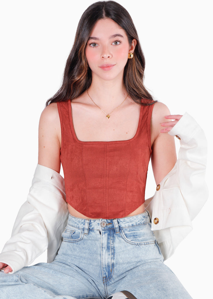 Crop top tipo corset de tiras y tipo gamuza color terracota para mujer - Flashy
