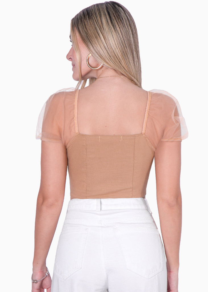 Crop top tipo corset manga corta con organza y escote en v  para mujer - Flashy
