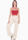 Crop top tipo corset strapless con tiras cruzadas en escote color rojo para mujer - Flashy