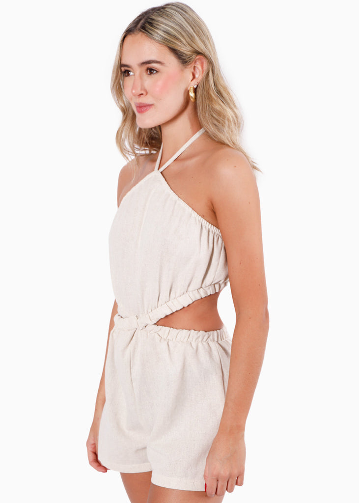 Enterizo de short con anudado en escote y aberturas color beige para mujer - Flashy
