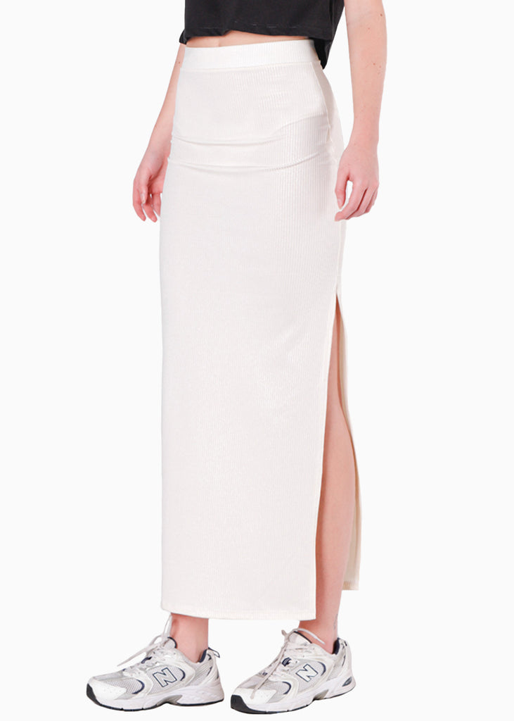 Falda larga con abertura en costado y con efecto brillo color plateado para mujer - Flashy