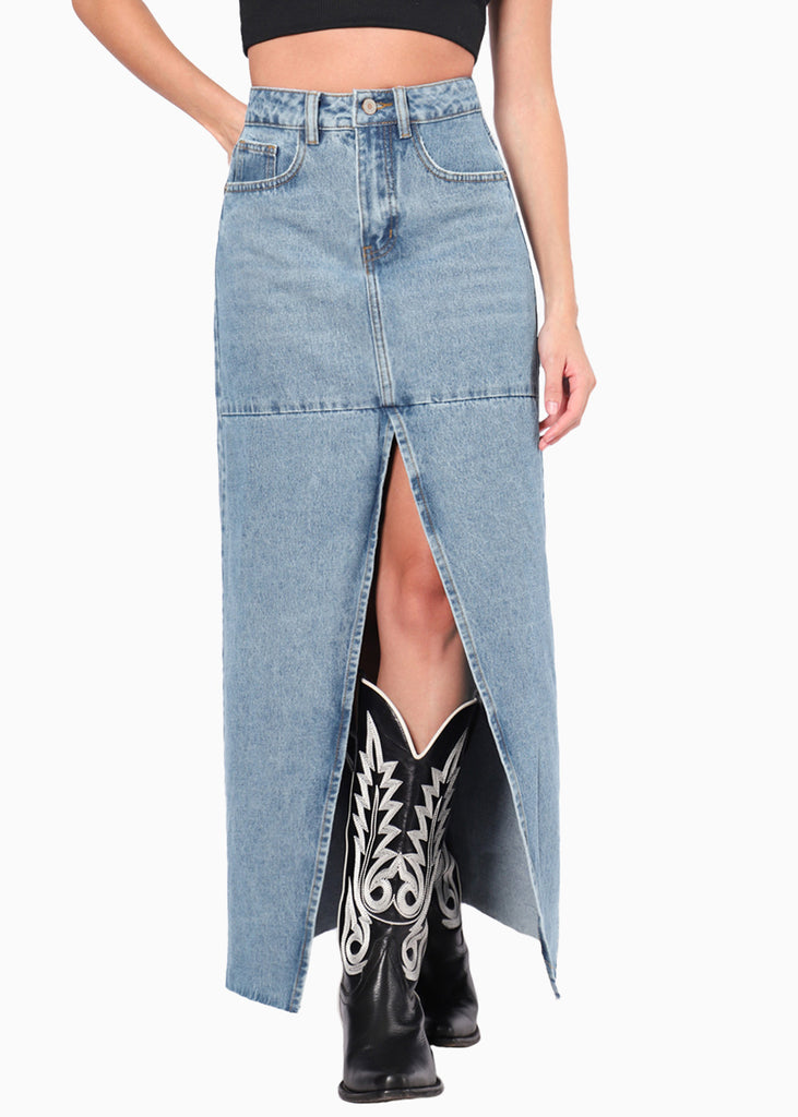 Falda larga de jean con abertura en frente color azul, denim para mujer - Flashy