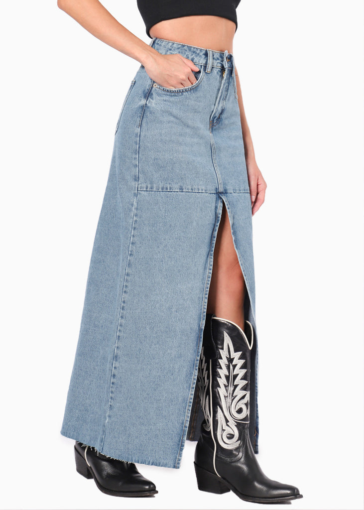 Falda larga de jean con abertura en frente color azul, denim para mujer - Flashy